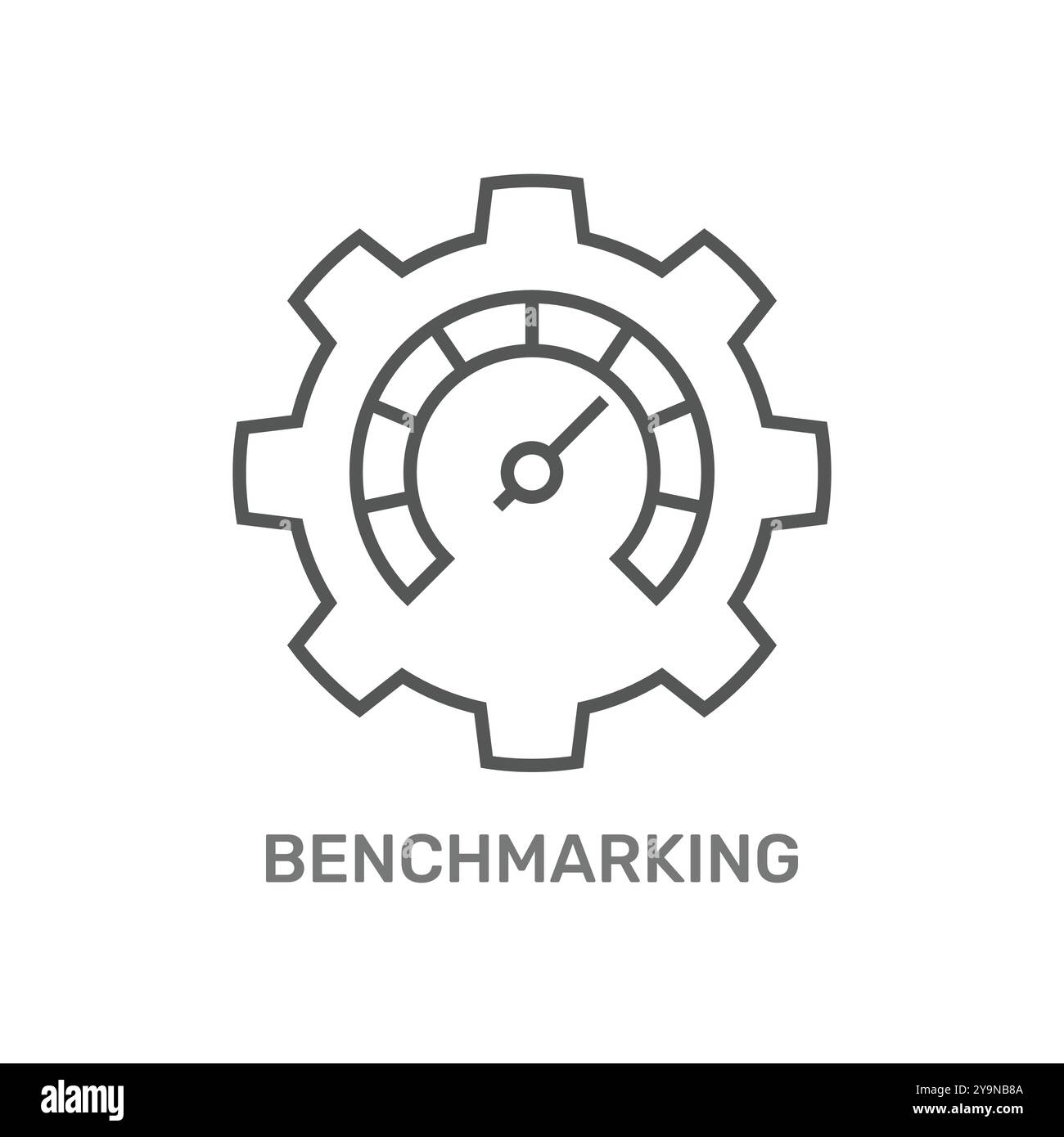 Die Abbildung zeigt ein Zahnrad mit einem Tachometer im Inneren, das das Benchmarking darstellt. Sie symbolisiert die Leistungsbewertung durch Vergleich mit Standards oder Besten Stock Vektor