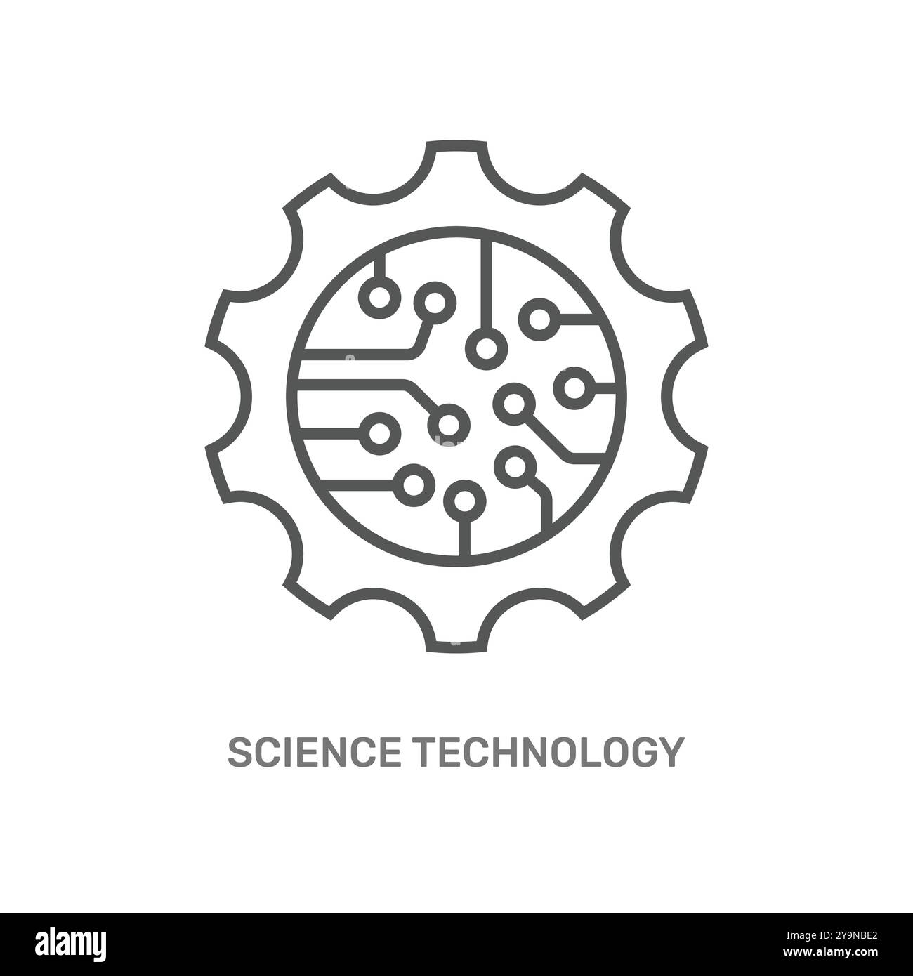 Das Bild zeigt ein Zahnrad mit einem Leiterplattenmuster im Inneren, das Wissenschaft und Technologie symbolisiert, insbesondere im Zusammenhang mit der Fusion von Technik Stock Vektor