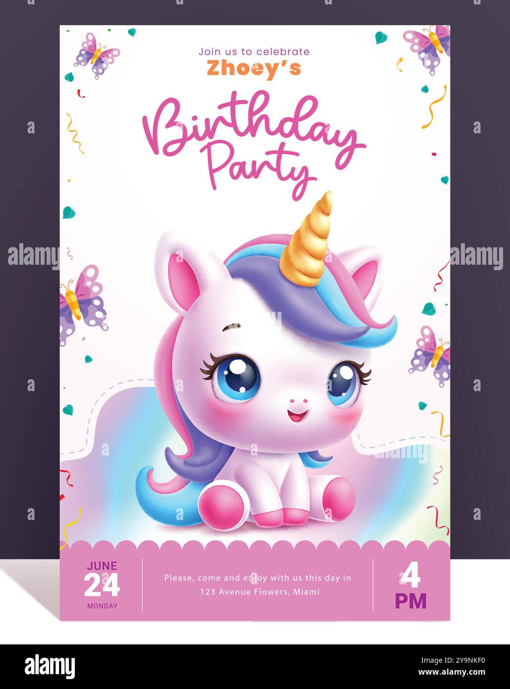 Geburtstagsparty Vektor Vorlage Design. Geburtstagskarte mit Einhornpony niedlicher Charakter für magische Feier Party Kinder Einladungskarte Stock Vektor