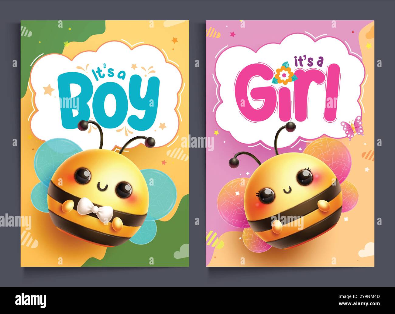 Baby-Dusche-Einladung-Karte Vektor-Poser-Set. Junge oder Mädchen Gender Reveal Kartenschablone mit hübschen und hübschen Bienenfiguren für Überraschung Baby Dusche Stock Vektor