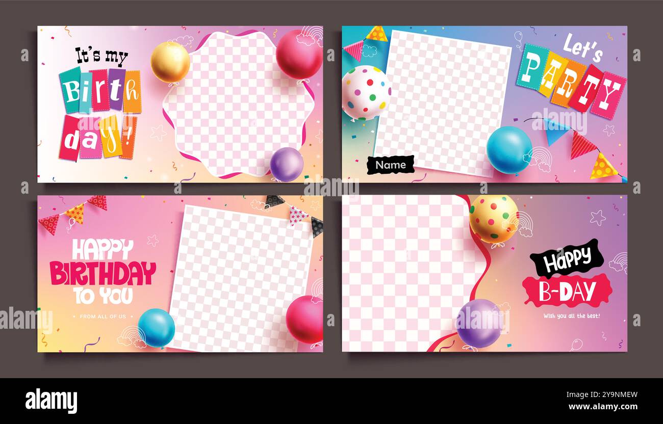 Geburtstagsparty Karten Vektor Banner Set Design. Geburtstagsfeier Einladungskarte Schabenkollektion mit leerem Platz für Celebrant-Bild Stock Vektor
