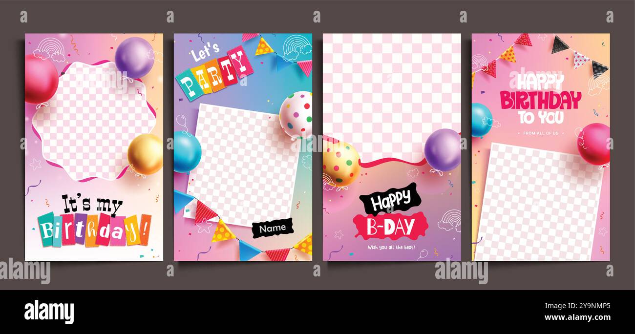 Geburtstagsfeier Karten Vektor Poster Set Design. Geburtstagsfeier Einladungskarte Schabenkollektion mit leerem Platz für Celebrant-Bild Stock Vektor