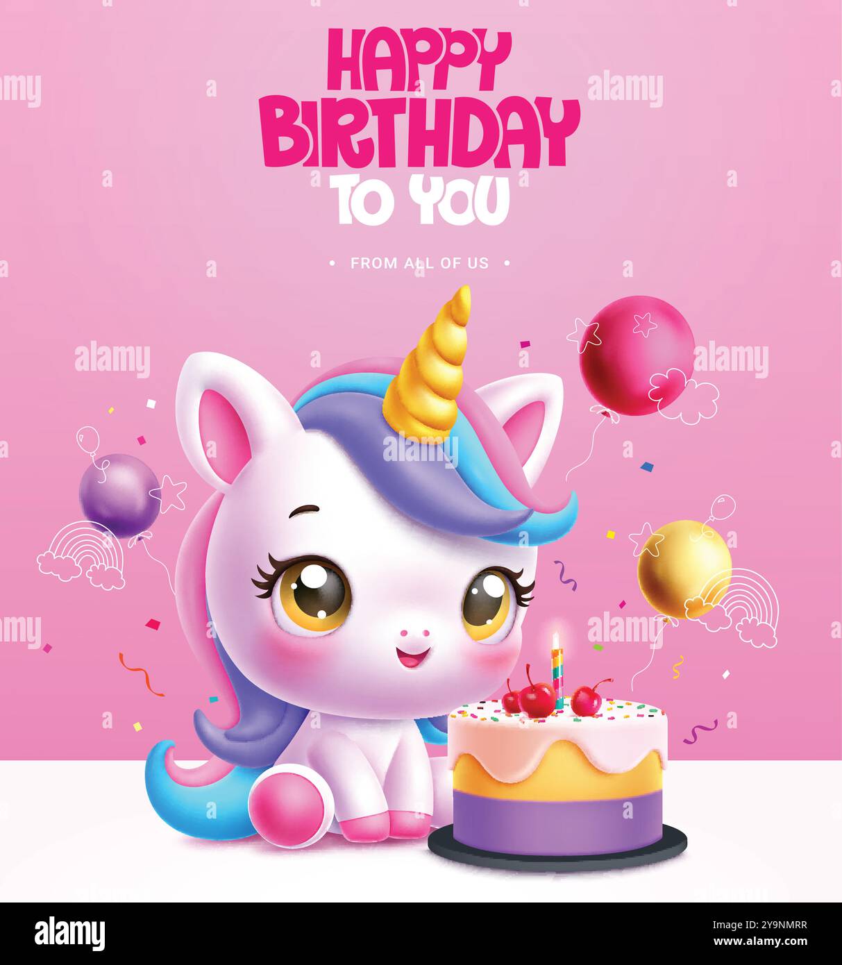 Geburtstag Einhorn Charakter Vektor Design. Grußtext mit niedlichem Einhorncharakter, Kuchen und Ballons für Kinder Stock Vektor