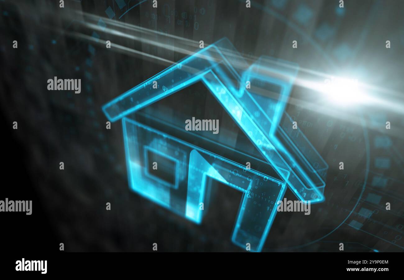 Home IoT Smart House Ai Symbol digitales Konzept. Netzwerk-, Cyber-Technologie-Zeichen und abstrakte 3D-Illustration des Computerhintergrunds. Stockfoto