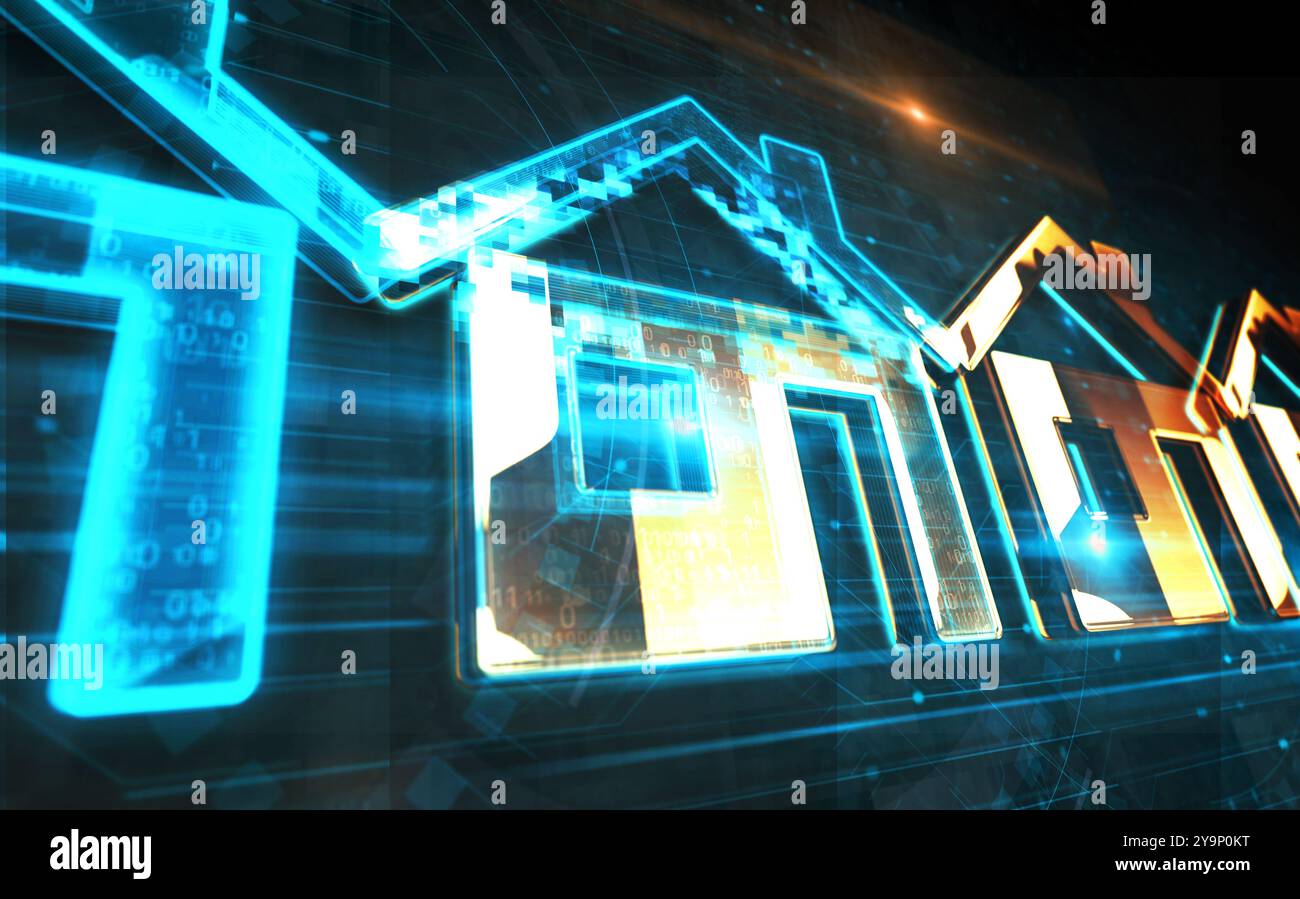 Home IoT Smart House Ai Symbol digitales Konzept. Netzwerk-, Cyber-Technologie-Zeichen und abstrakte 3D-Illustration des Computerhintergrunds. Stockfoto