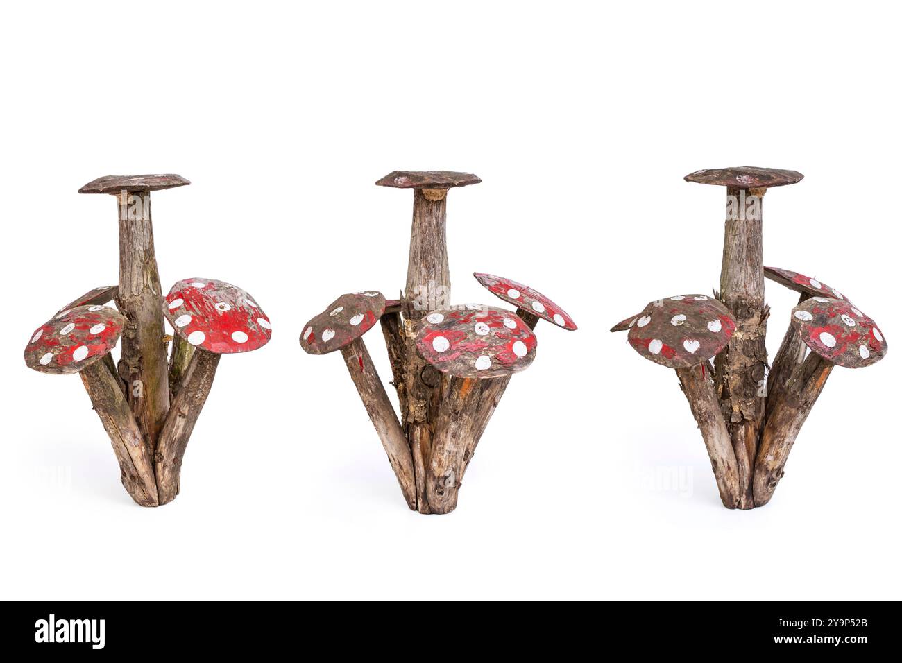 Gartenpilze aus Holz, die in mehreren Winkeln geschossen wurden, isoliert auf weiß Stockfoto