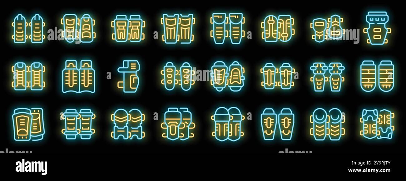 Set aus Fußball-Schienbeinschützern im Neonstil, Kollektion mit leuchtenden Schildern Stock Vektor