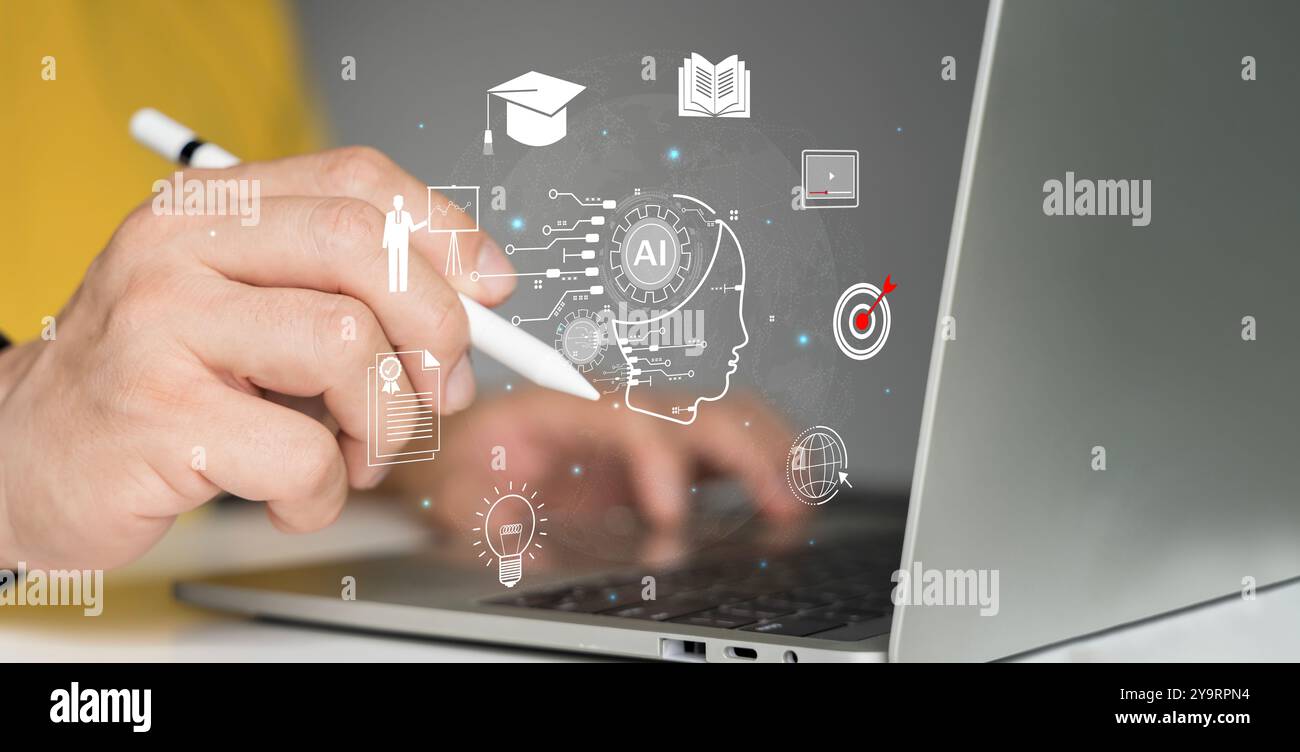 Mensch mit Technologie Online-Lernen und Lernen Webinar-Technologie, E-Learning, Online-Schulung, Bildung, Schulung, Tutor, Video les Stockfoto Mensch mit Technologie Online-Lernen und Lernen Webinar-Technologie, E-Learning, Online-Schulung, Bildung, Schulung, Tutor, Video les Stockfoto