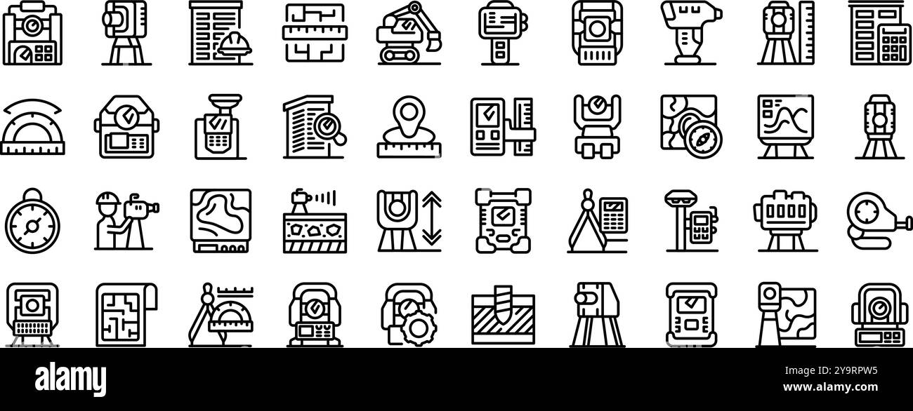 Symbole für geodätische Geräte gesetzt. Vermessungsausrüstung und Geodäsie-Symbole gesetzt, Umrissstil Stock Vektor