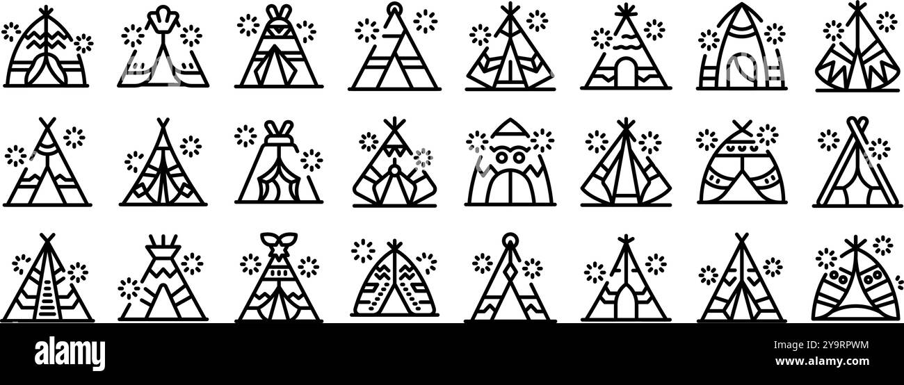 Tipi-Zelt-Symbole gesetzt. Set aus verschiedenen Tipi-Ikonen, die verschiedene Stile traditioneller indianischer Zelte darstellen Stock Vektor