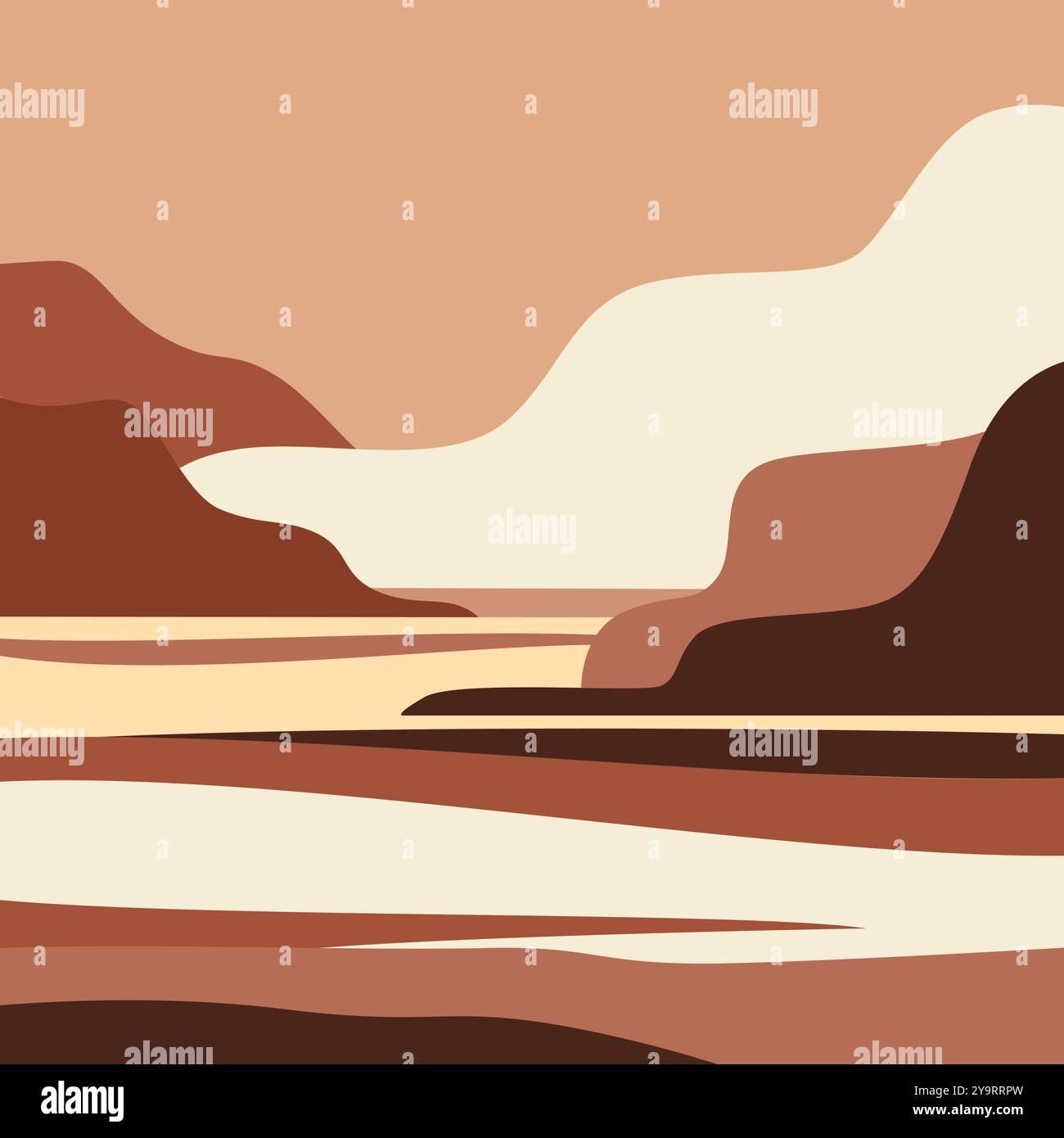 Eine minimalistische, abstrakte Landschaftsillustration in zeitgenössischem Kunststil, handgezeichnet mit Naturkulisse in Terrakottatönen Stock Vektor