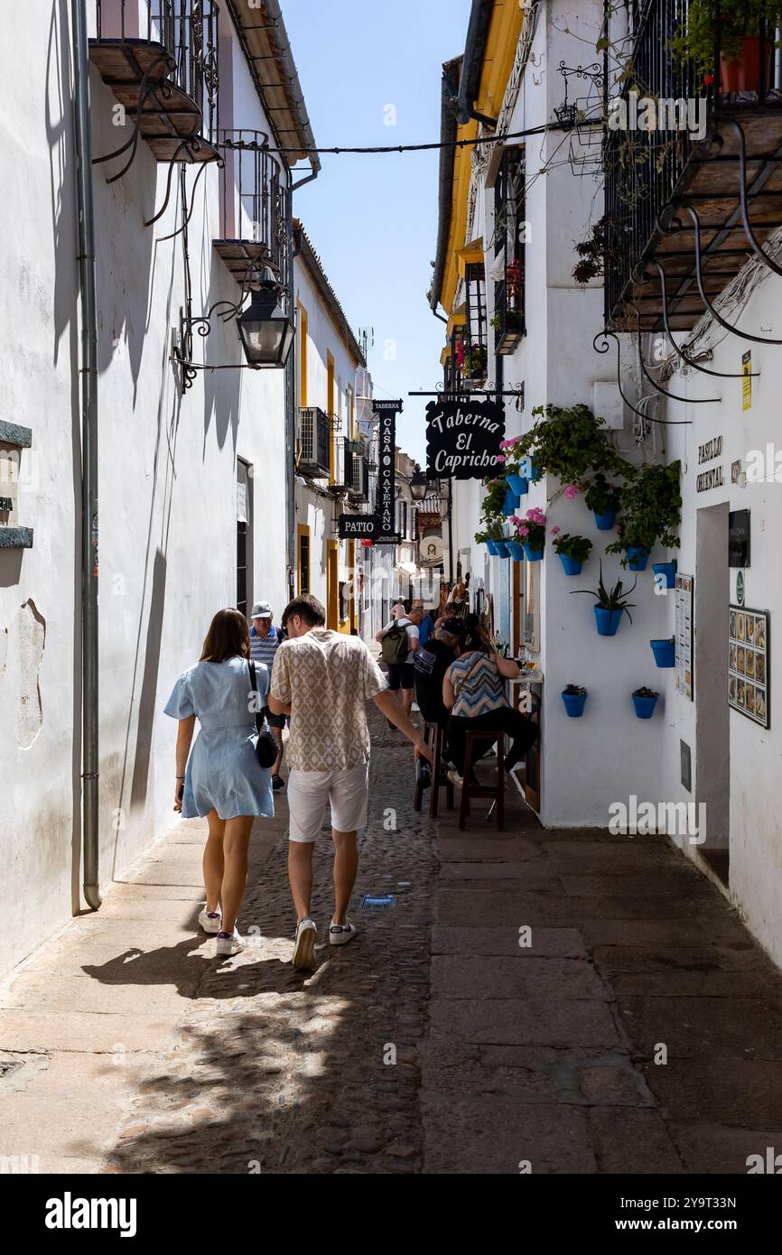 Kleine Straße mit typisch andalusischen Häusern im historischen Zentrum von Cordoba, Spanien Stockfoto