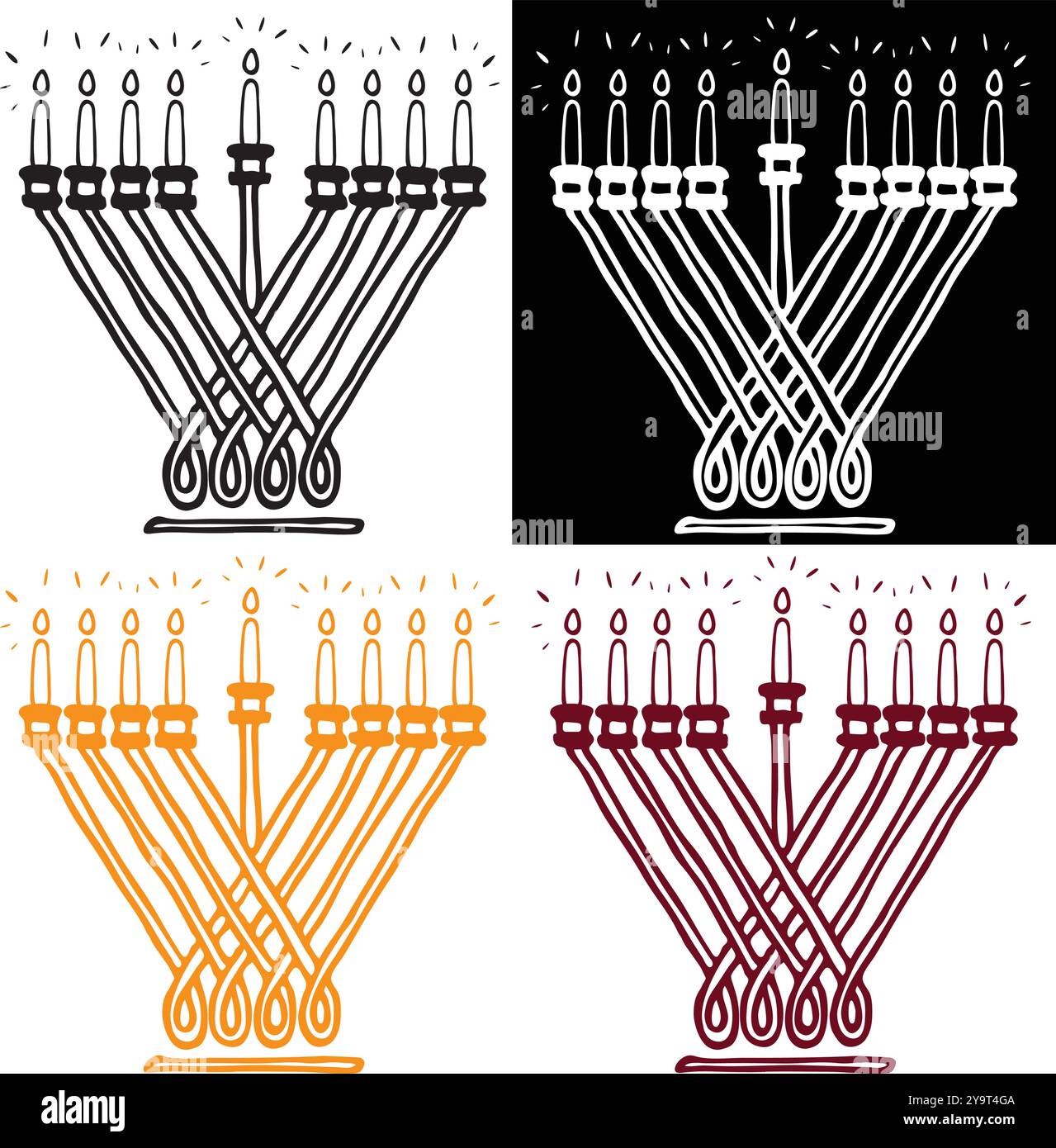 Traditionelles Hanukkiah mit brennenden Kerzen, schlichter Silhouette Stock Vektor