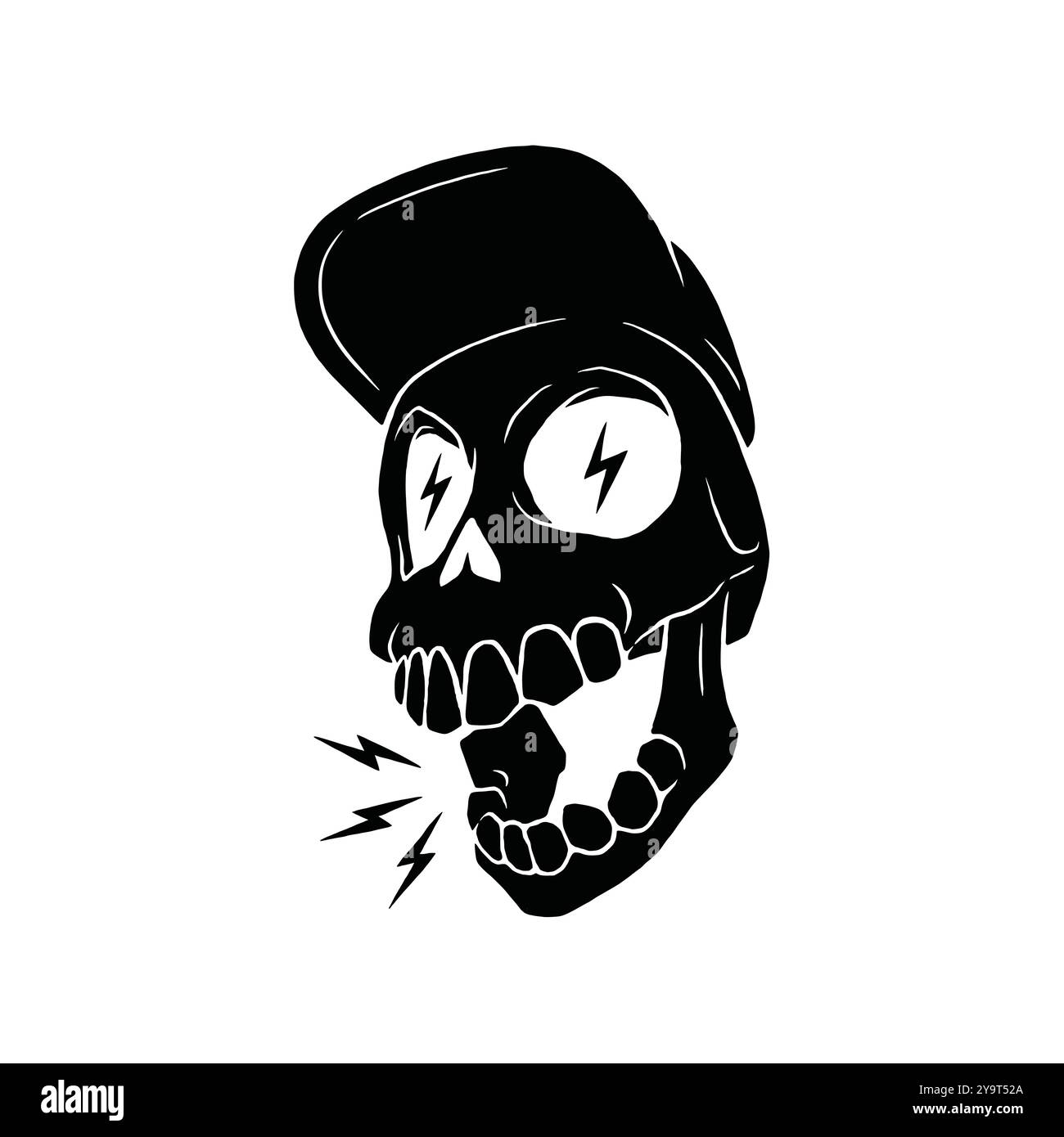 Schädelkopf mit Baseballmütze Illustration. Lustiger Skater Skull Logo Emblem Vektor. Stock Vektor