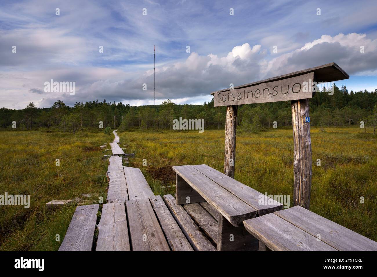 Holzsteg führt durch den Soisalmensuo-Sumpf in Hollola, Finnland, unter bewölktem Himmel Stockfoto