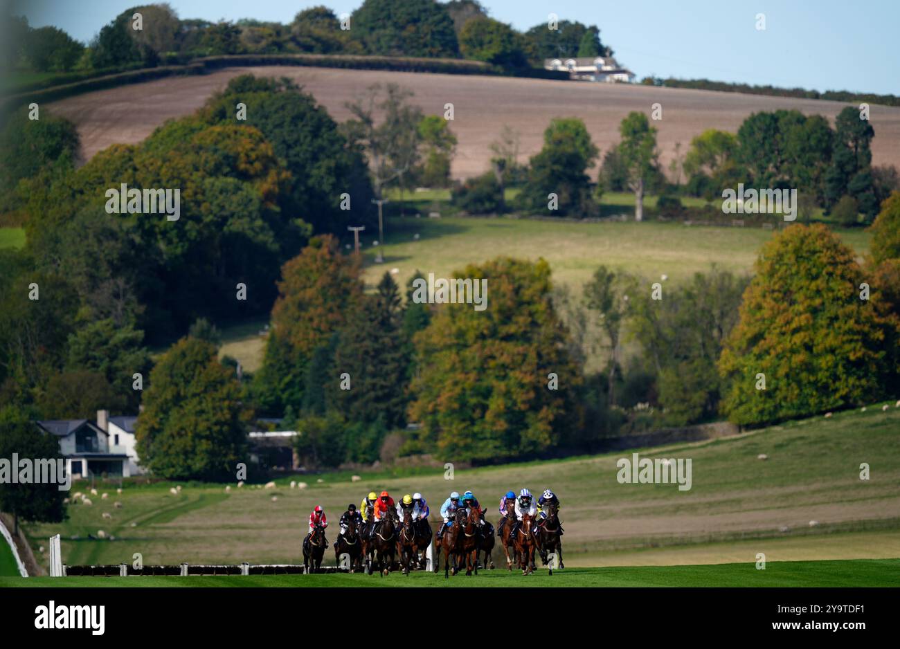 Läufer und Fahrer in den Capital Windschutzscheiben zum Gedenken an Aaron Jones EBF Mares' „National Hunt“-Neulinge stürzen sich am ersten Tag des Unibet Jump Season Opener auf der Rennbahn Chepstow. Bilddatum: Freitag, 11. Oktober 2024. Stockfoto