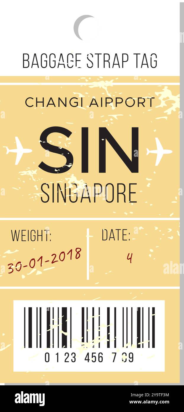 Gepäckanhänger vom Flughafen Changi in Singapur vom 30. Januar 2018 mit Flugdetails und Gewichtsangaben Stock Vektor