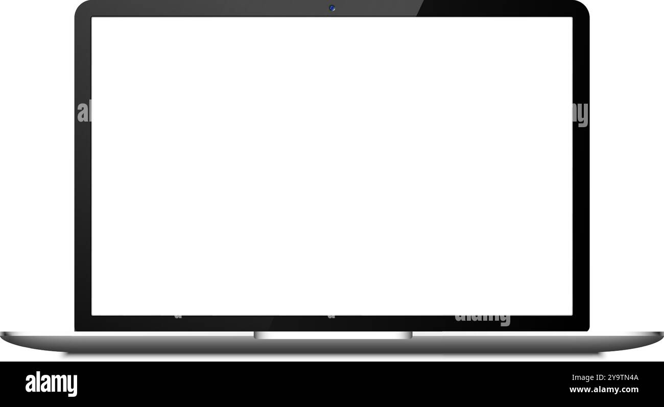 Ein schlankes Notebook mit leerem Bildschirm, ideal, um digitale Kreativität und moderne Technologietrends in einem minimalistischen Arbeitsbereich zu präsentieren Stock Vektor