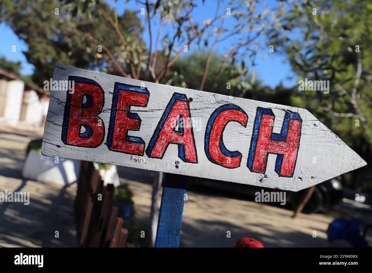 Schild zum Strand; Golden Beach, Karpaz (Karpass) Halbinsel, Norhern Zypern Stockfoto