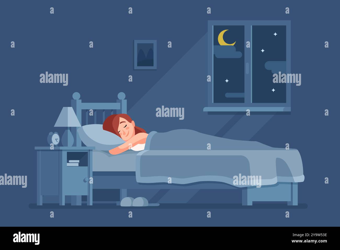 Eine Frau, die nachts friedlich in ihrem gemütlichen Schlafzimmer schläft, mit einem mondbeleuchteten Fenster und einer Nachttischlampe, die sanft leuchtet Stock Vektor