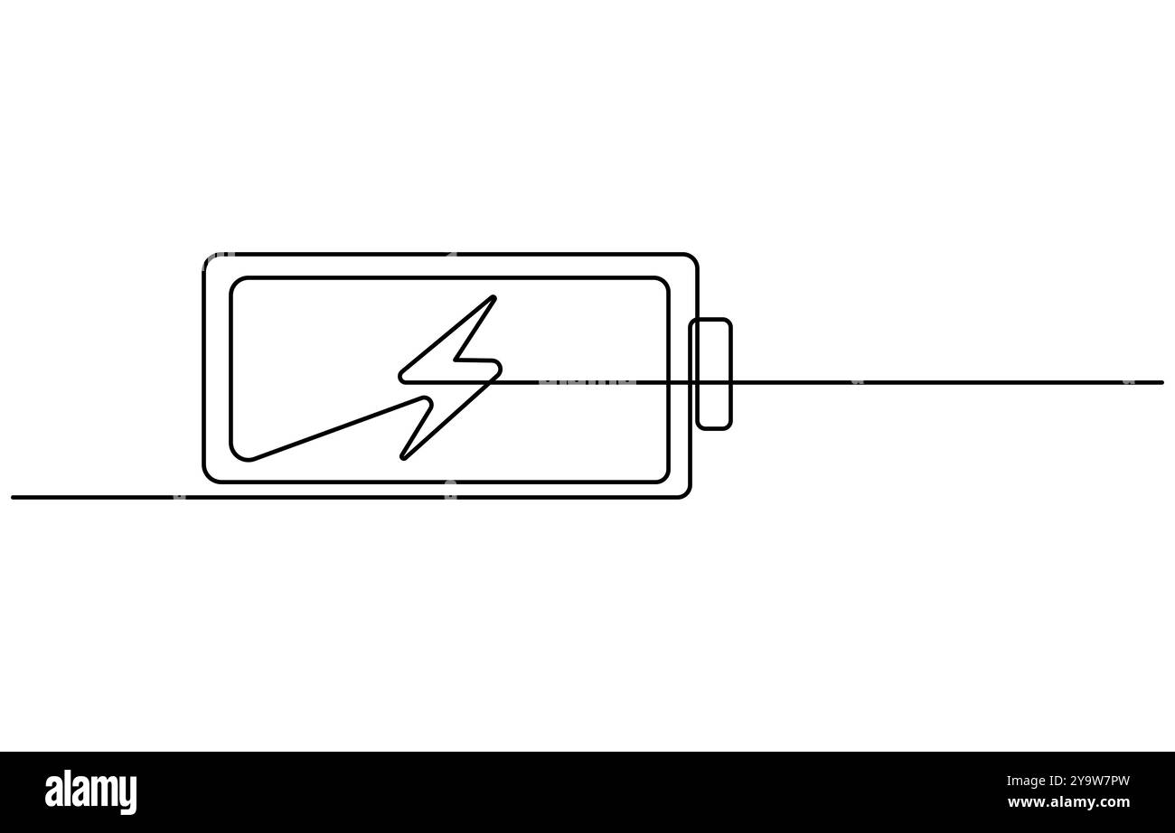 Eine durchgehende Zeilenzeichnung für das Laden der Batterie. Blitzsymbol und Typenschild für elektrische Energie in einfacher linearer Ausführung Stock Vektor