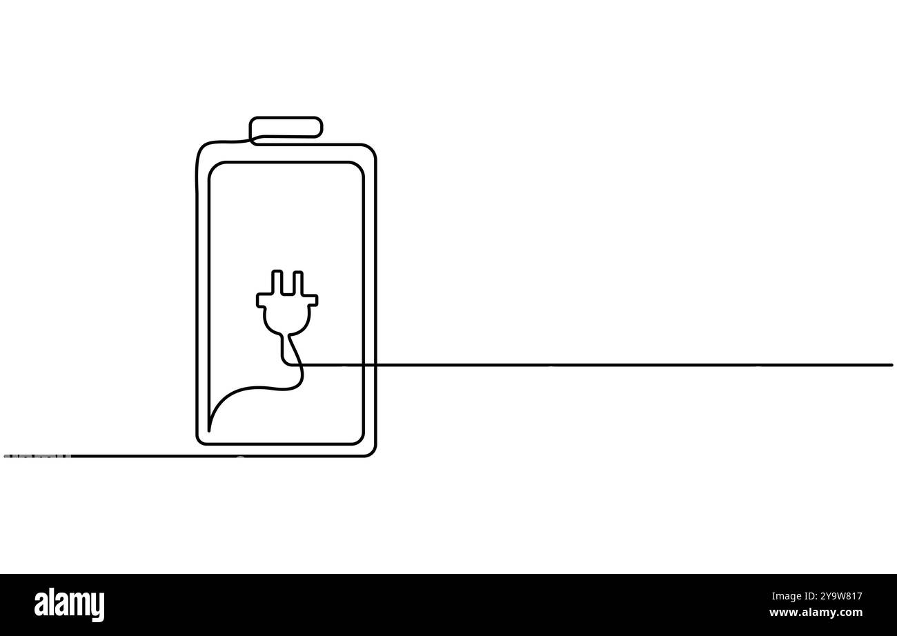 Eine durchgehende Zeilenzeichnung für das Laden der Batterie. Blitzsymbol und Typenschild für elektrische Energie in einfacher linearer Ausführung Stock Vektor