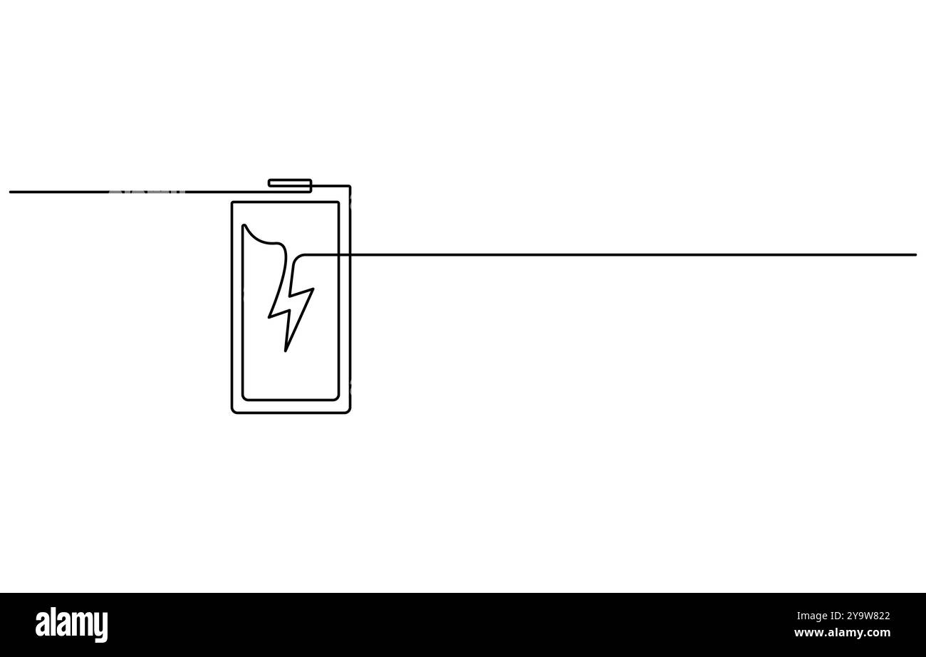 Eine durchgehende Zeilenzeichnung für das Laden der Batterie. Blitzsymbol und Typenschild für elektrische Energie in einfacher linearer Ausführung Stock Vektor