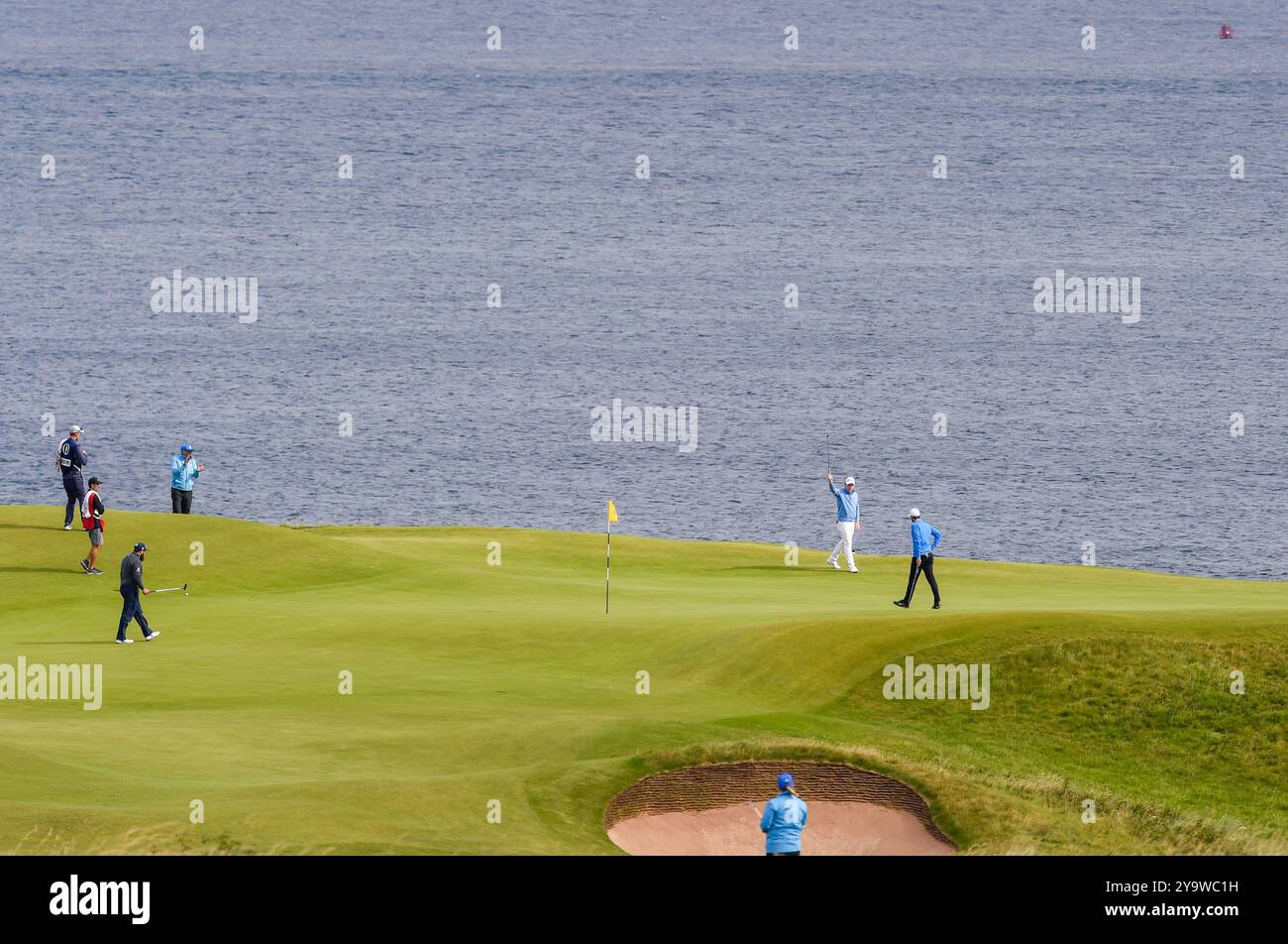 18. Juli 2019: Robert Macintyre feiert einen langen Putt am 5. Platz während der ersten Runde des Open Championship-Golfturniers im Royal Portrush Golf Club - Dunluce Course, Portrush, Nordirland. Stockfoto