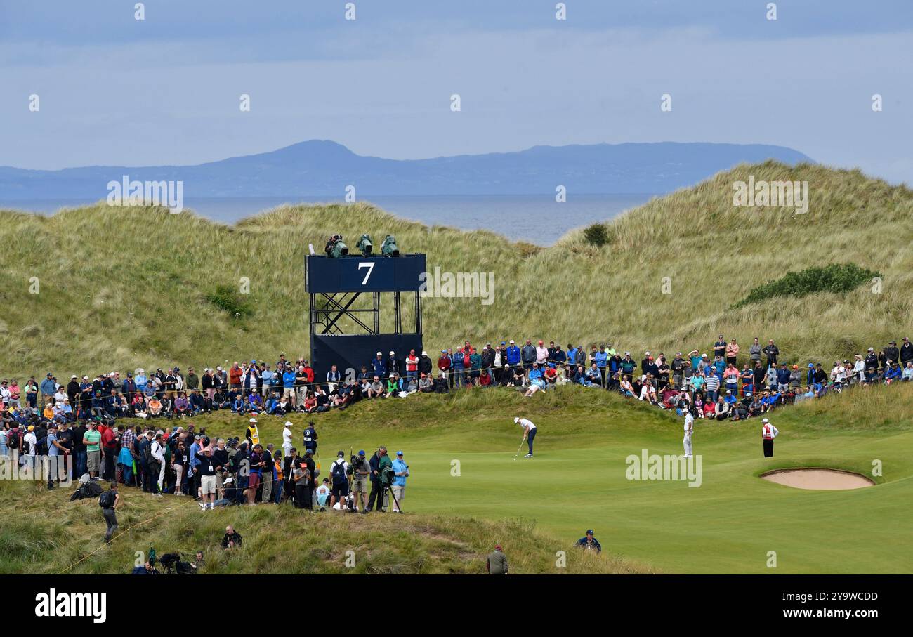 19. Juli 2019; Portrush, Allgemeine Ansicht des 7. Lochs während der zweiten Runde des Open Championship-Golfturniers im Royal Portrush Golf Club - Dunluce Course. Stockfoto