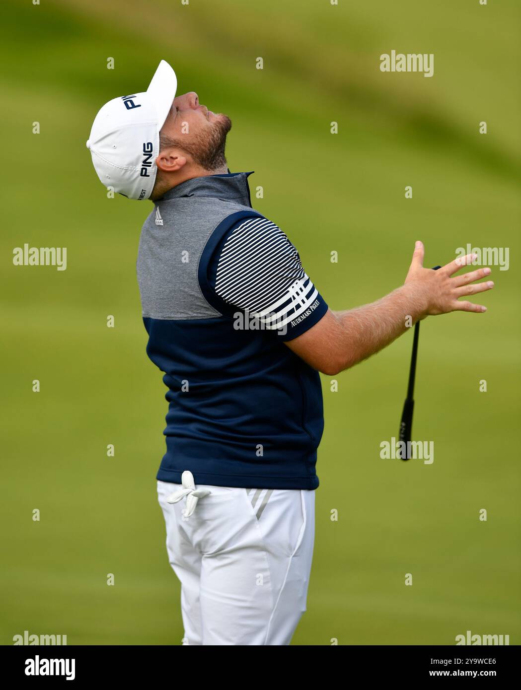 19. Juli 2019; Portrush, Tyrrell Hatton Reaktion auf dem 8. Grün während der zweiten Runde des Open Championship Golfturniers auf dem Royal Portrush Golf Club - Dunluce Course. Stockfoto