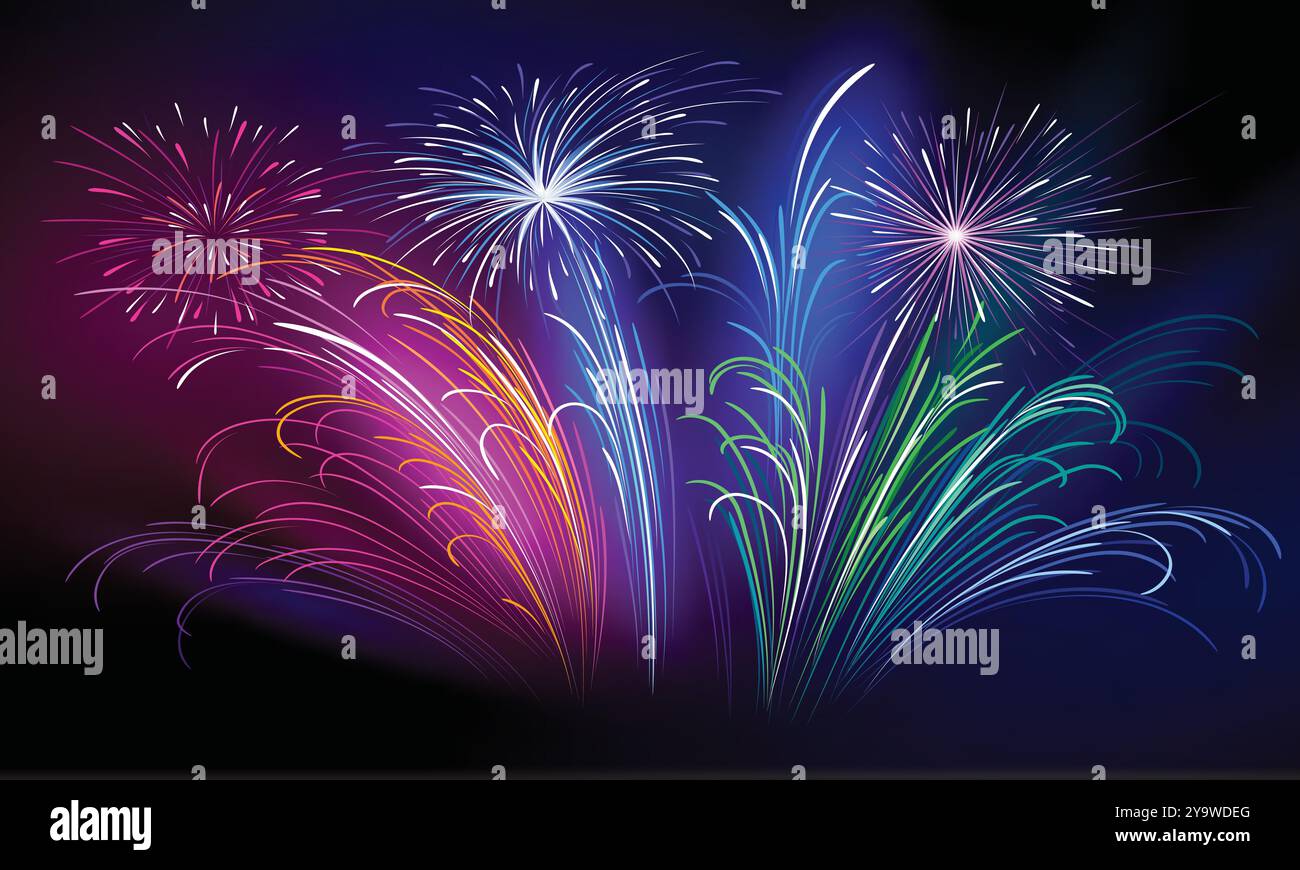Buntes Feuerwerk, das den Nachthimmel erleuchtet. Perfekt für Feiern, Festivals und besondere Events. Stock Vektor