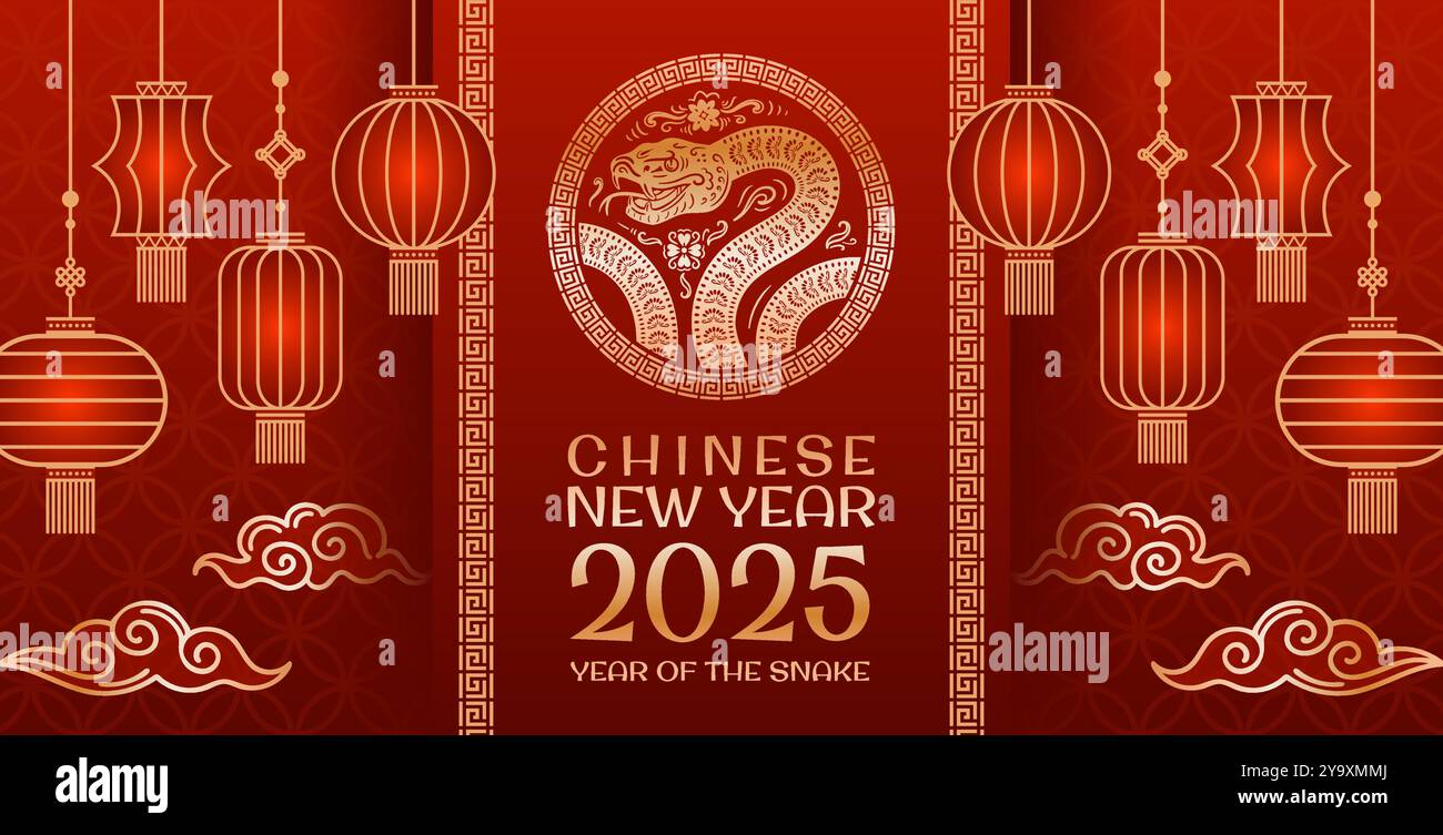 Ein lebendiges und festliches Dekorationsdesign für das kommende chinesische Neujahr 2025, das traditionelle Symbole hervorhebt Stock Vektor