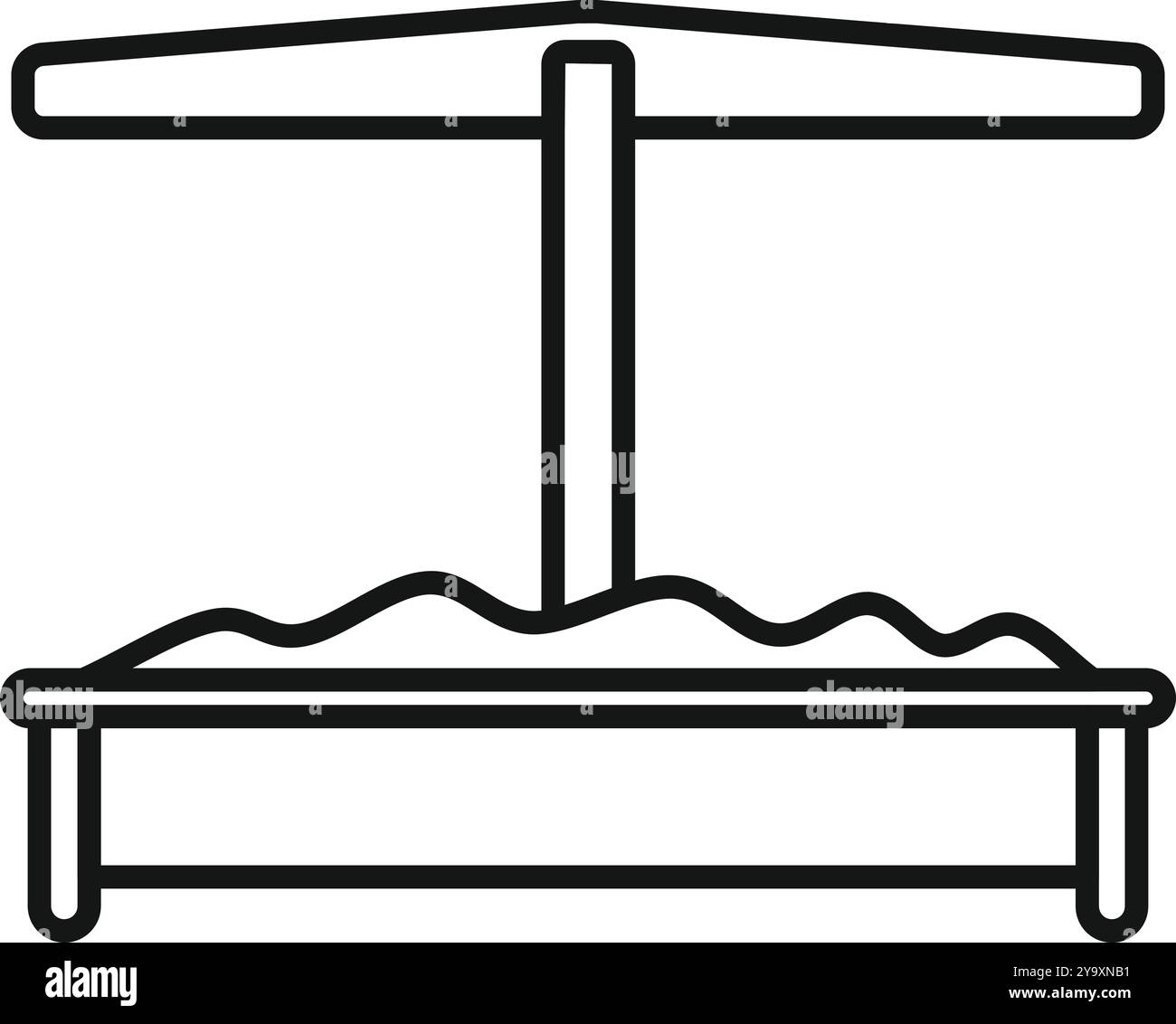 Sandkasten mit Sonnenschutz, Kinderspielplatz-Ausrüstung für Kindergarten, einfache schwarz-weiße Vektorsymbol Stock Vektor
