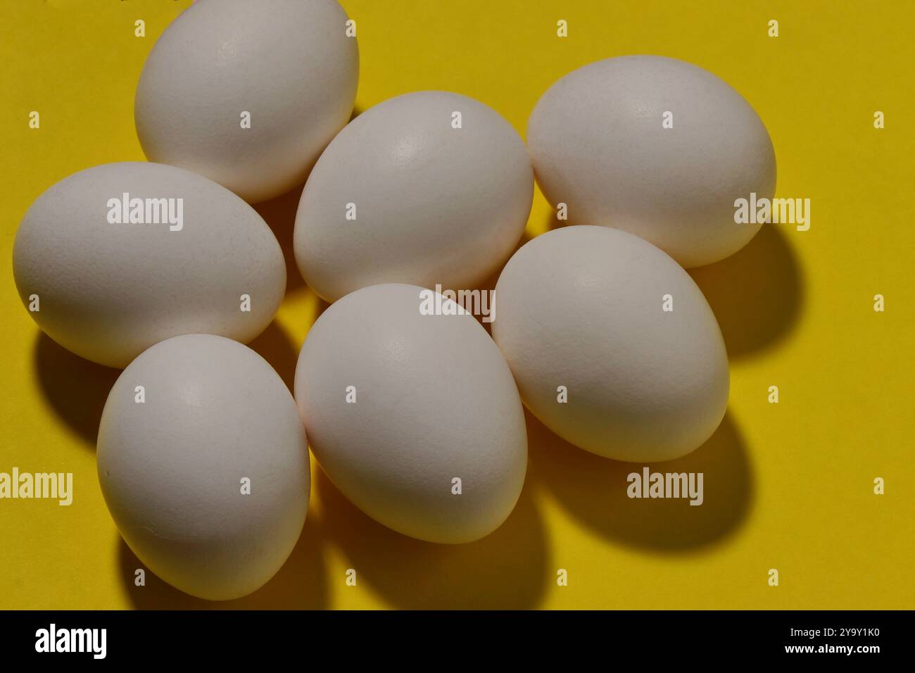 Nahaufnahme einer Gruppe weißer Hühnereier auf gelbem Hintergrund. Stockfoto