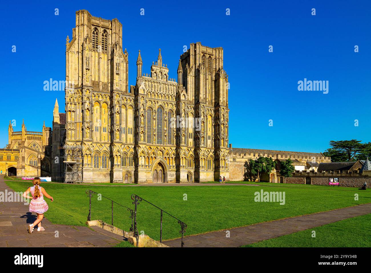 Die Westfront der Wells Cathedral in somerset ist von der Sonne am späten Nachmittag beleuchtet Stockfoto