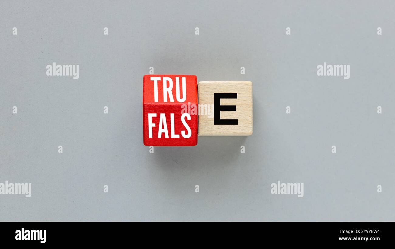 RICHTIG und FALSCH. Ein Buchstabe auf Holzblöcken ändert das Wort falsch in wahr, schöner grauer Hintergrund. Flache Ladefläche, Kopierraum Stockfoto