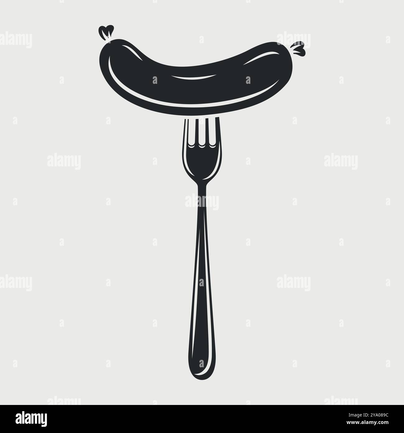 Flache Vektor-Cartoon-Wurst auf Gabel mit Umrissnaht isoliert auf weißem Hintergrund. Vektor-Lebensmittel-Illustration für Menü, Grill und kulinarisches Design Stock Vektor