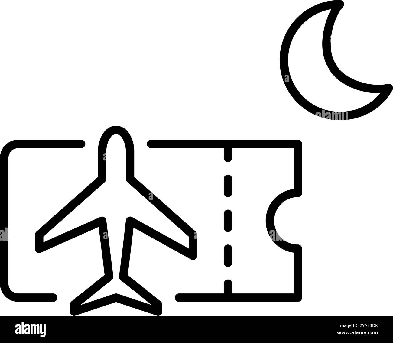 Flugticket mit Mond. Nachtflug. Ruhiger Reisekomfort. Pixelperfektes, bearbeitbares Konturvektorsymbol Stock Vektor