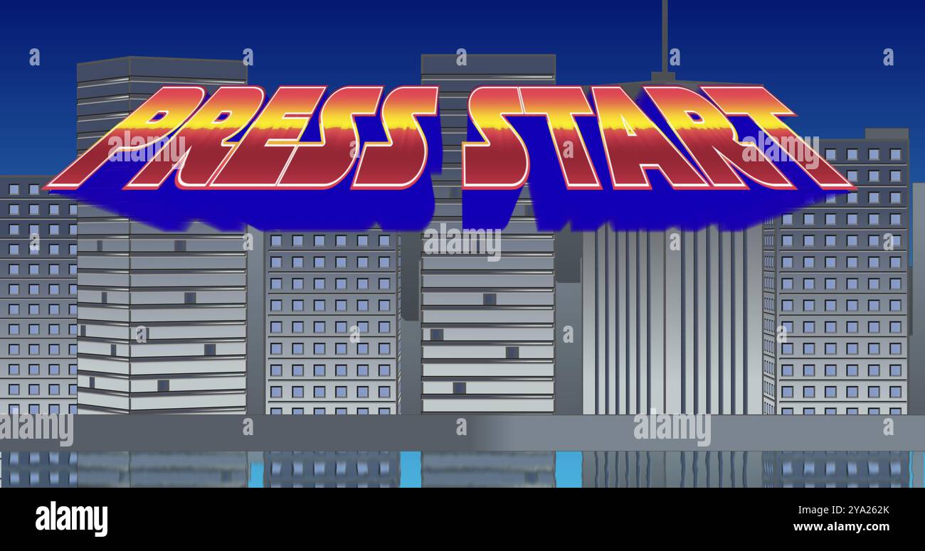 Digitales Bild eines Press Start-Schilds, das beim Blinken auf dem Bildschirm zoomt, und ein Hintergrund von grauen Gebäuden mit blauem Himmel Stockfoto