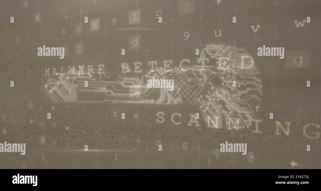 Abbildung der Leiterplatte des Computerprozessors über dem Scannen von Wörtern, Malware erkannt, Warnung und Firewall deaktiviert auf braunem Hintergrund. Online-Sicherheit Co Stockfoto