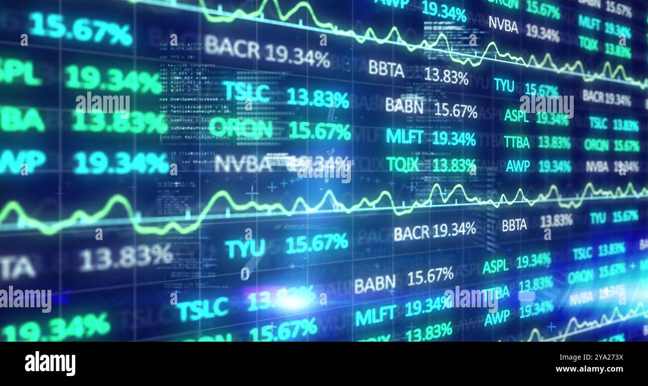 Bild der Börsenanzeige mit blauen und grünen Börsennummern und Diagrammen, Kursverlauf an der Börse, binäre Codierung Flowin Stockfoto