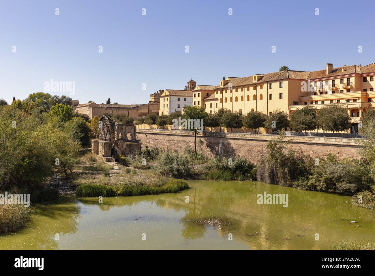 Ein ruhiger Fluss mit einem alten Gebäude und üppiger Vegetation im Hintergrund, Cordoba Stockfoto