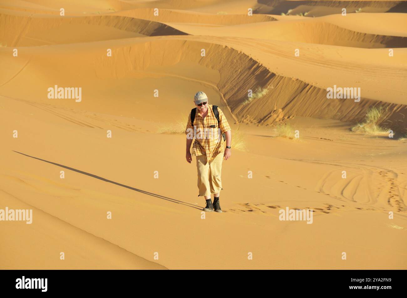 Man (50-55), Wüstenwanderung, Erg Chebbi, Marokko, Afrika Stockfoto