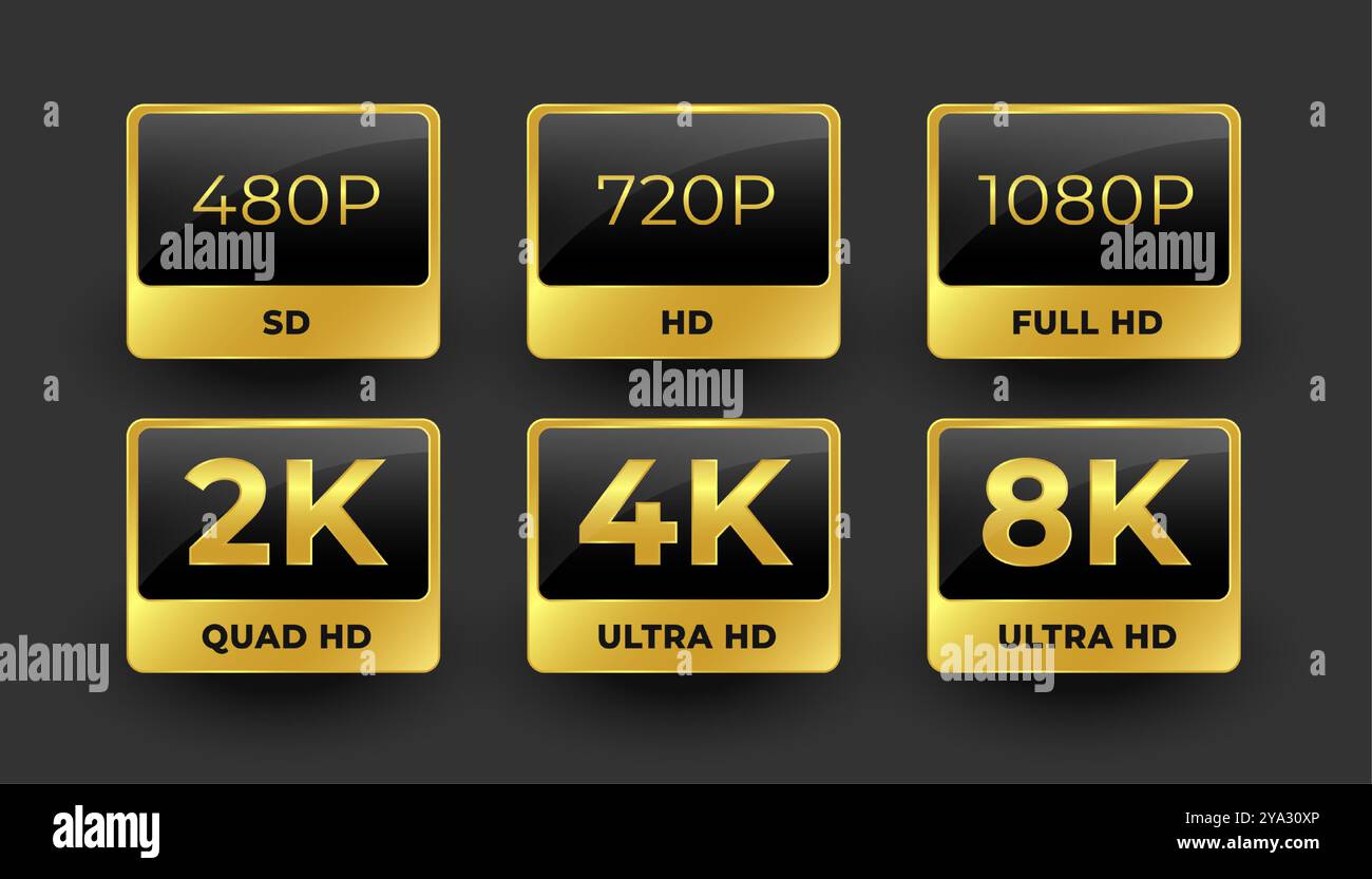 Videoauflösung 480p, 720p, 1080p, 2k, 4k und 8k Ultra hd-Tag-Symbol-Vektor Stock Vektor