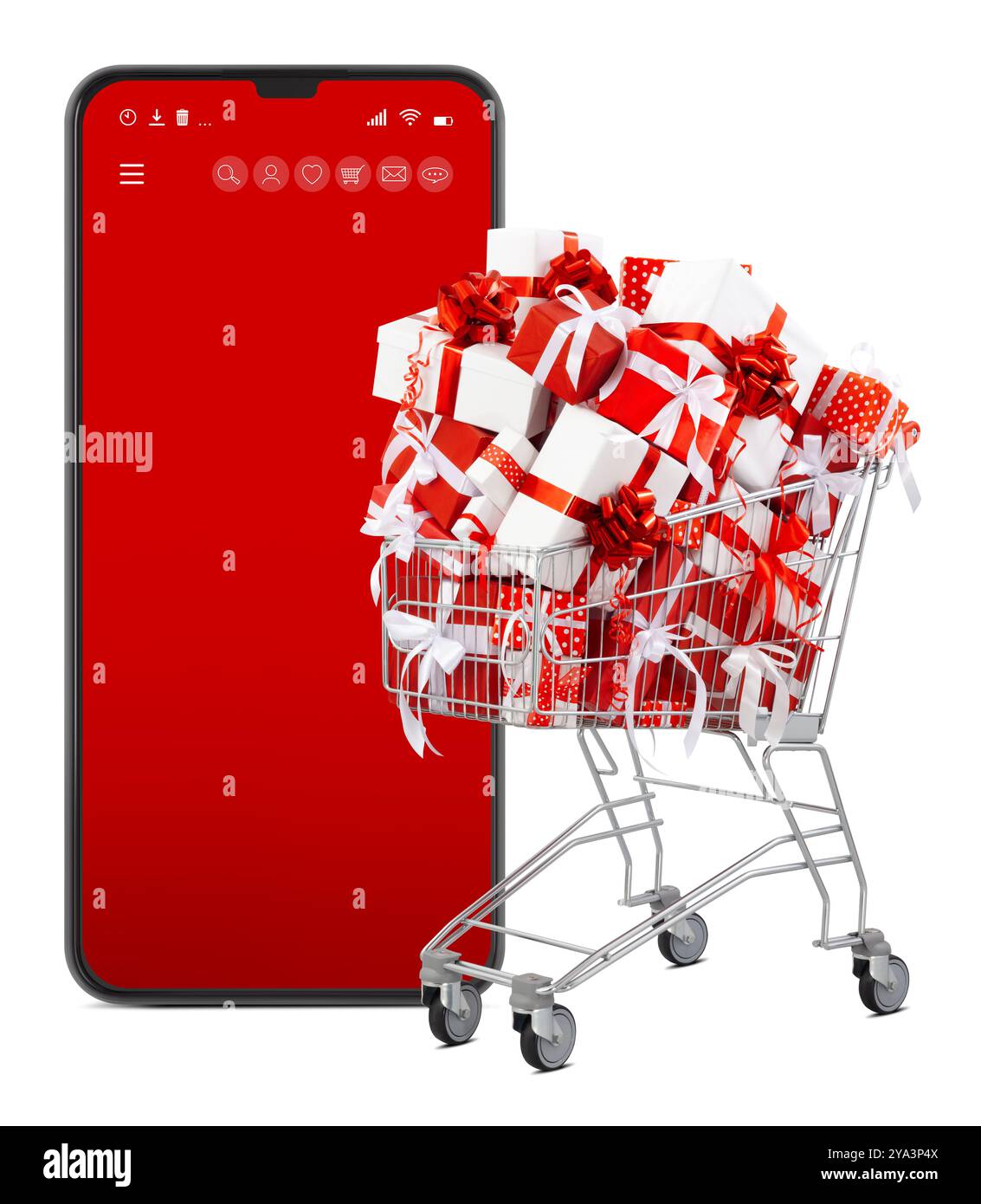 Einkaufswagen voller Weihnachtsgeschenke, rote Geschenkboxen mit Bändern, isoliert auf leerem Smartphone-Bildschirm. Banner für Verkaufsförderung, Stockfoto