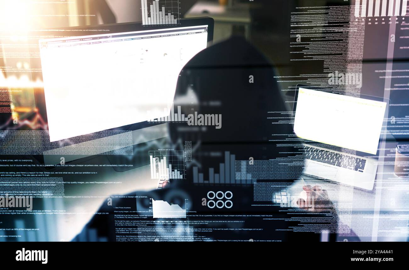 Person, Hacker und Overlay mit Malware- und Vireninstallation für Firewall-Umgehung und Hub. Datenbank, Back und Dashboard mit digitalen Analysen und Stockfoto