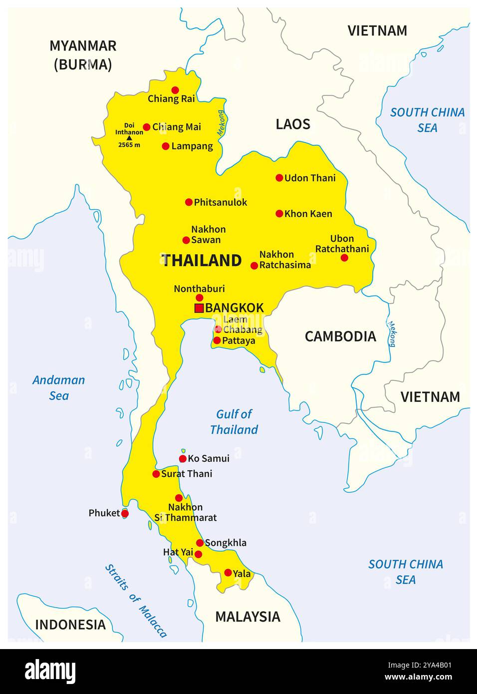 Einfache gelbe Übersichtskarte von Thailand Stockfoto