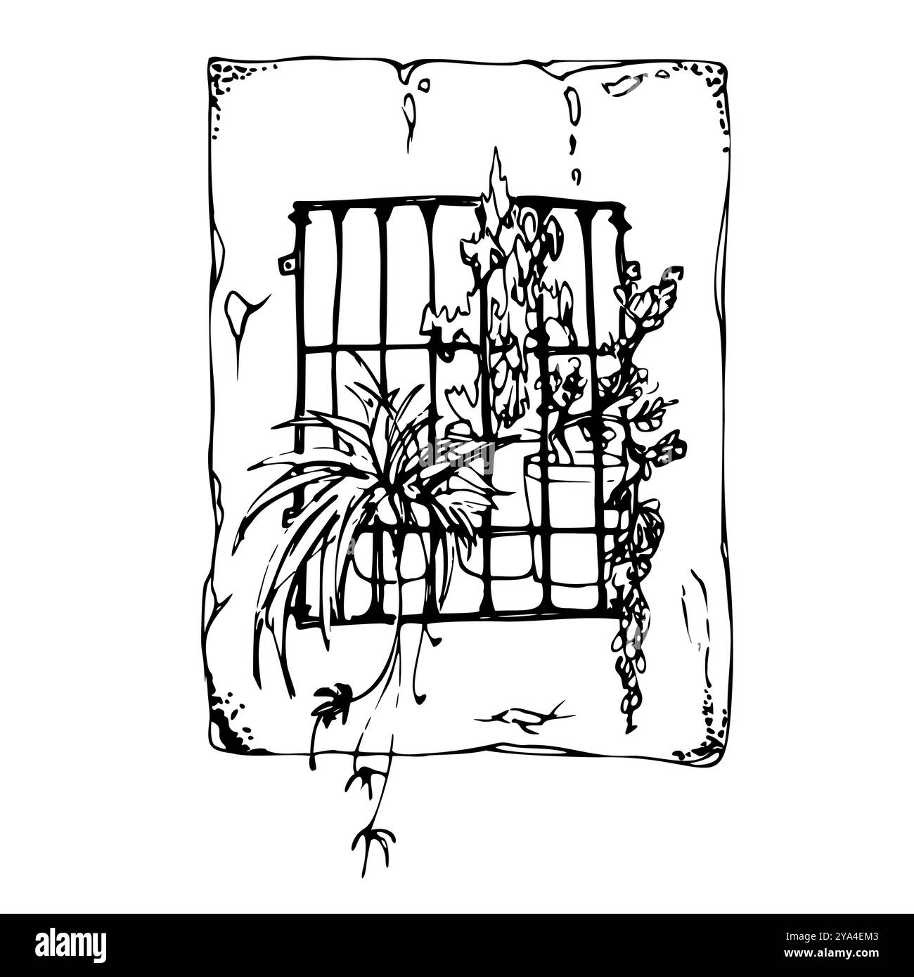 Mexikanischer mediterraner marokkanischer Fensterrahmen, Häuserpflanzen Achtzile, architektonische Fassade außen. Handgezeichnete Vektorgrafik. Einzelnes Element Stock Vektor