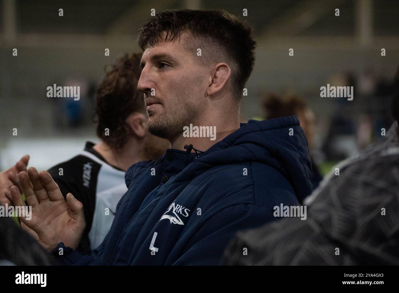 Ben Curry Sale Sharks Post Match - Sale Sharks vs Newcastle Falcons - Gallagher Premiership Rugby - 11. Oktober 2024 - Salford Community Stadium Credit: Samuel Wardle/Alamy Live News Stockfoto