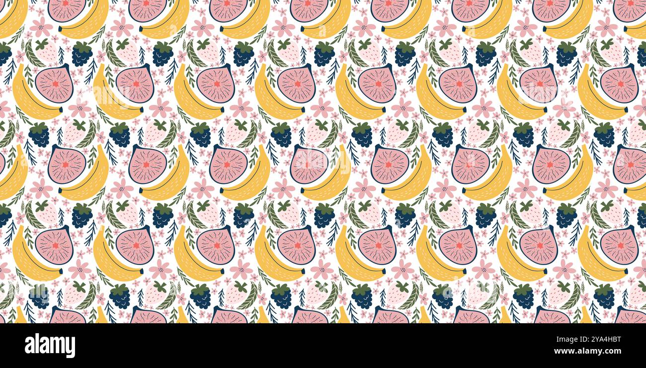 Fröhliches nahtloses Muster mit Illustrationen von Bananen, Feigen, Brombeeren, weißen Erdbeeren, rosa Blumen, und grüne Blätter. Moderner, organischer Vektorstil mit flachen Farben und einer verspielten, kindlichen Atmosphäre Stock Vektor
